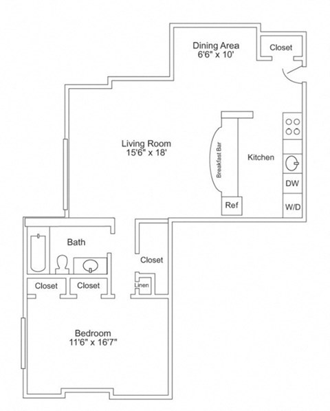Floor plan for 1 bed, 1 bath, 911 sqft